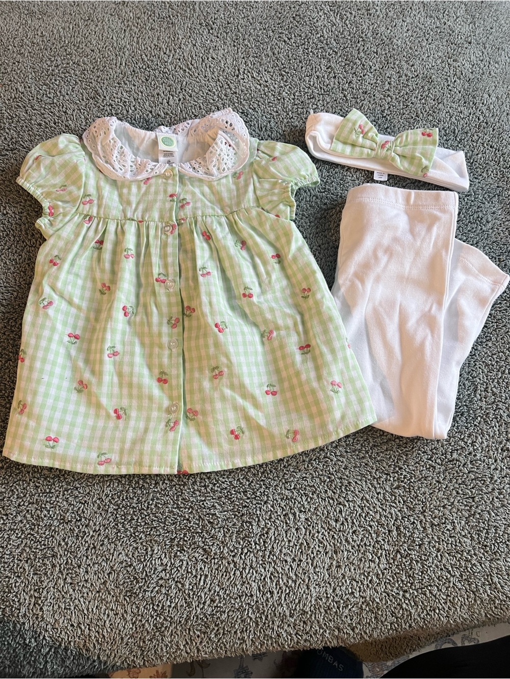 NWT Little Me Green Gingham Cherry Dress with White Headband and Leggings